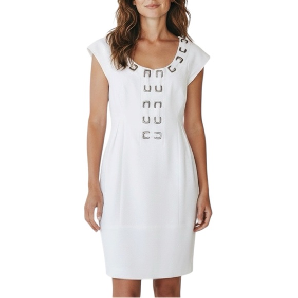 Nanette Lepore Dresses & Skirts - NANETTE LEPORE White Workaholic Dress w/ Pockets Size 0-Silver Chunk Chainlink